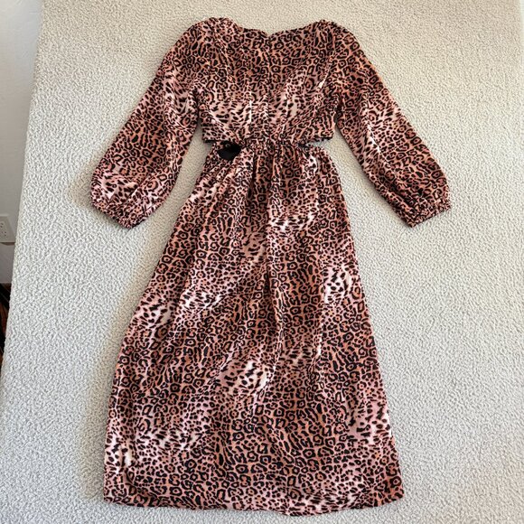 Ranna Gill Dress Leopard Print Puff Sleeve Cutout Deep V Midi Animal Print - Picture 9 of 11